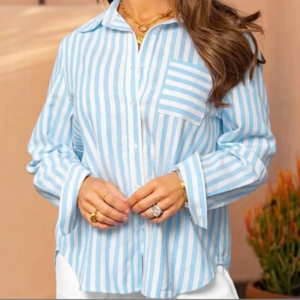 Cupshe Blue and White Striped button down Shirt NWT